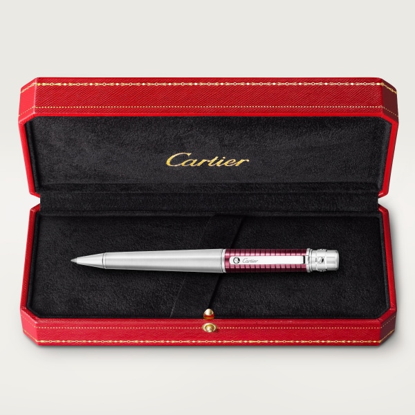 サントス ドゥ カルティエ ボールペン ラージモデル、ブラッシュド＆バーガンディ アルマイト加工溝入りメタル、パラジウムフィニッシュ