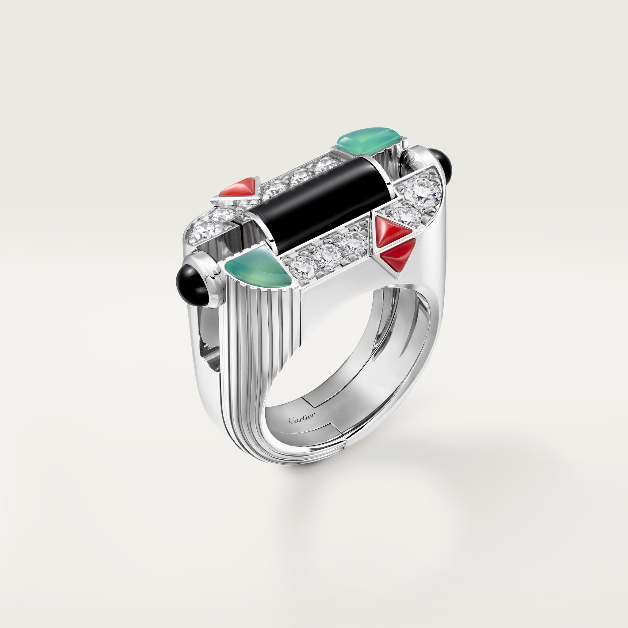 ジオメトリー＆コントラスト リング、クリソプレーズ、パヴェホワイトゴールド、クリソプレーズ、オニキス、コーラル、ダイヤモンド