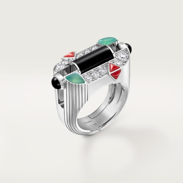 ジオメトリー＆コントラスト リング、クリソプレーズ、パヴェ ホワイトゴールド、クリソプレーズ、オニキス、コーラル、ダイヤモンド