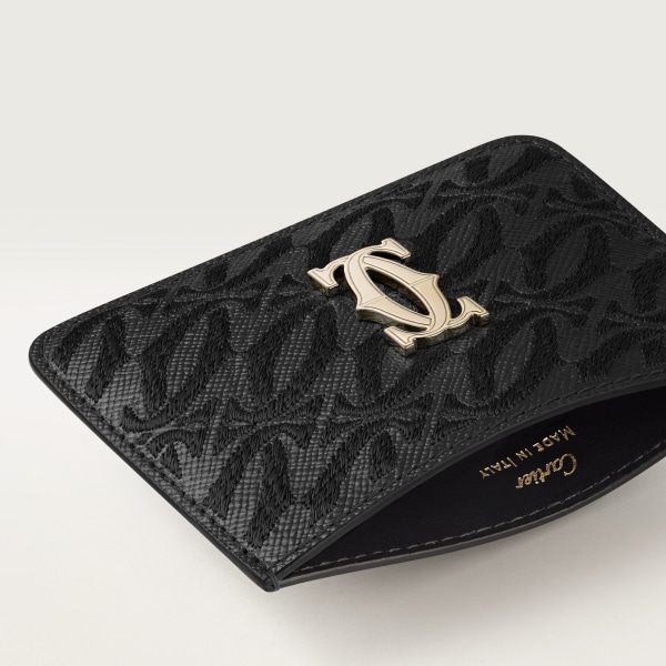 カード ホルダー C ドゥ カルティエ ブラック テクスチャー カーフスキン、刺繡入り、ゴールドフィニッシュ