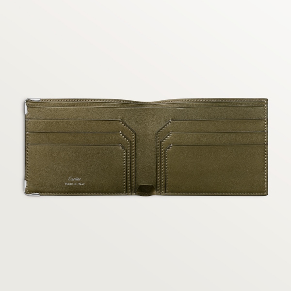 マスト ドゥ カルティエ 二つ折りウォレット  XLロゴ、カーキ スムースカーフスキン、パラジウムフィニッシュ