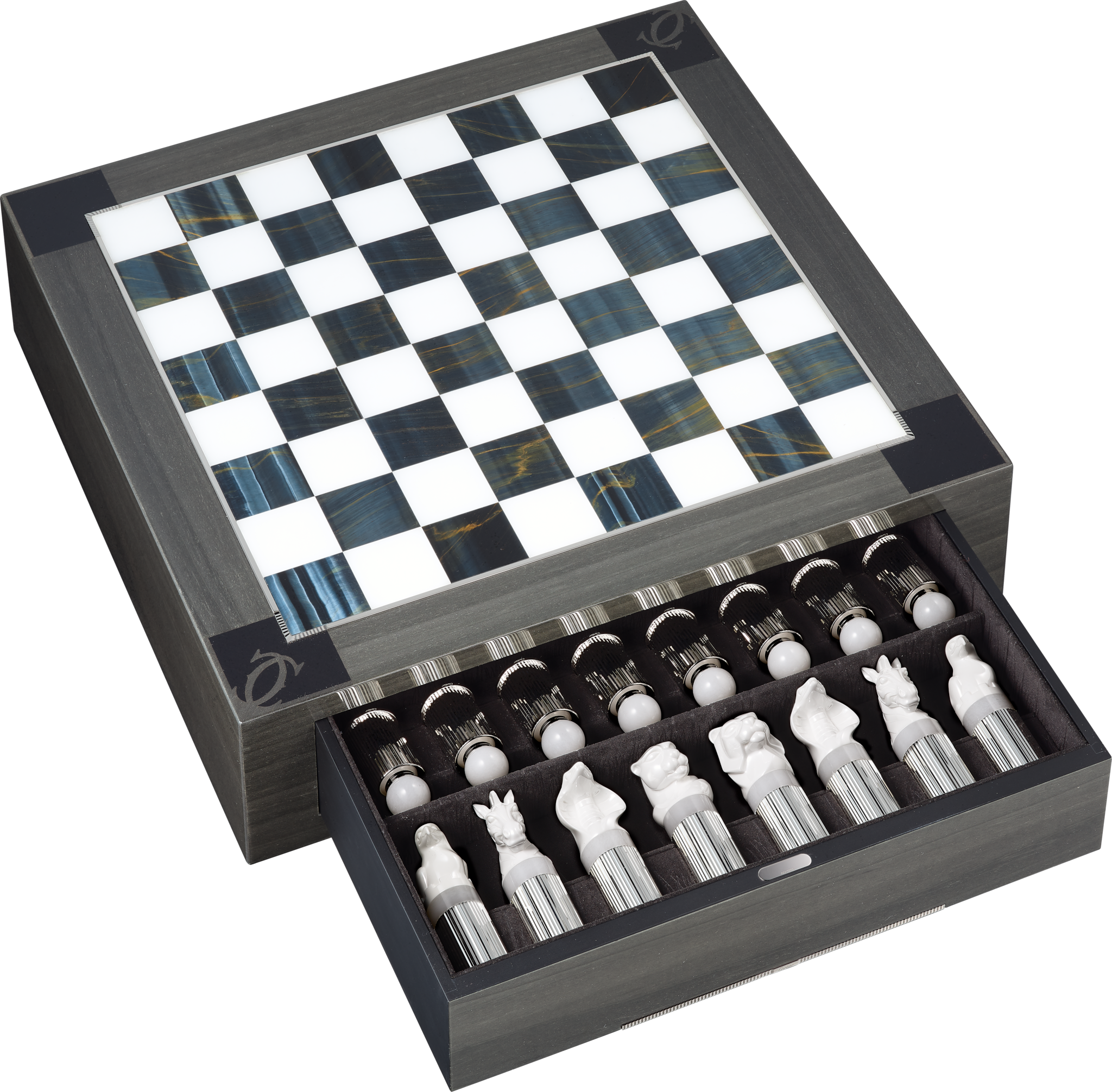 メナジェリー ドゥ カルティエ エクセプショナル チェスボード、プレシャス フォーナボリバーウッド、ホークスアイ、クォーツァイト、ブラックセラミック、ホワイトセラミック、パラジウムフィニッシュ スターリングシルバー