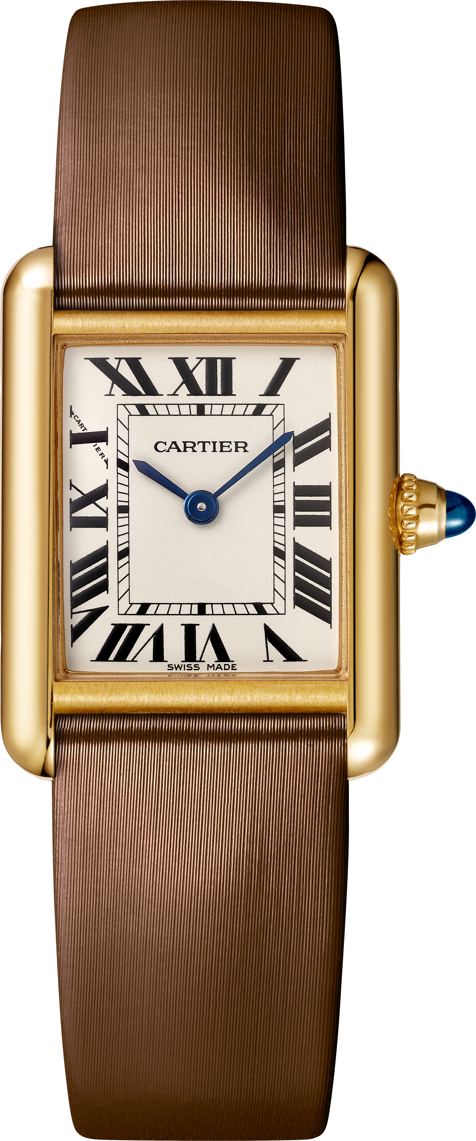 タンク ウォッチスモールモデル、クォーツムーブメント、イエローゴールド、レザーストラップ