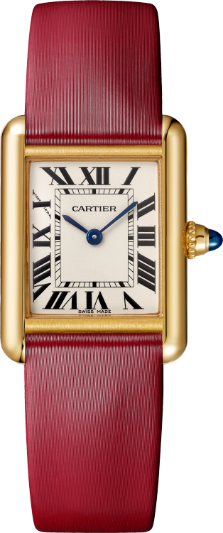 タンク ウォッチ スモールモデル、クォーツムーブメント、イエローゴールド、レザーストラップ