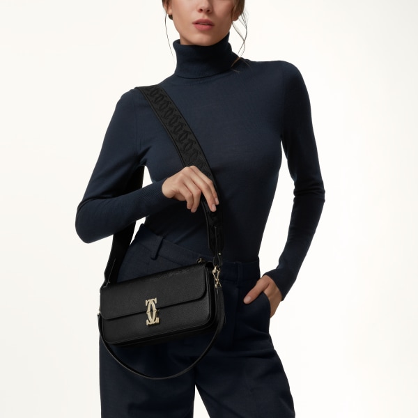イーストウェストバッグ C ドゥ カルティエ  ブラック テクスチャー カーフスキン、刺繡入り、ゴールドフィニッシュ
