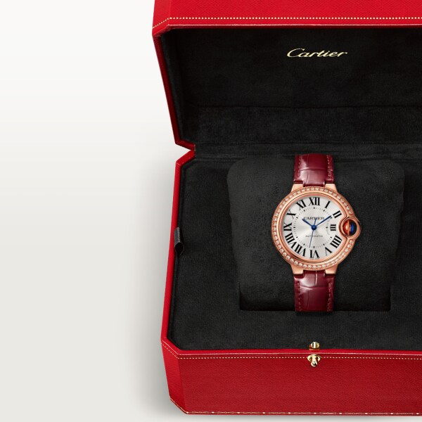 バロン ブルー ドゥ カルティエ ウォッチ 33mm、自動巻き、ピンクゴールド、ダイヤモンド、レザー