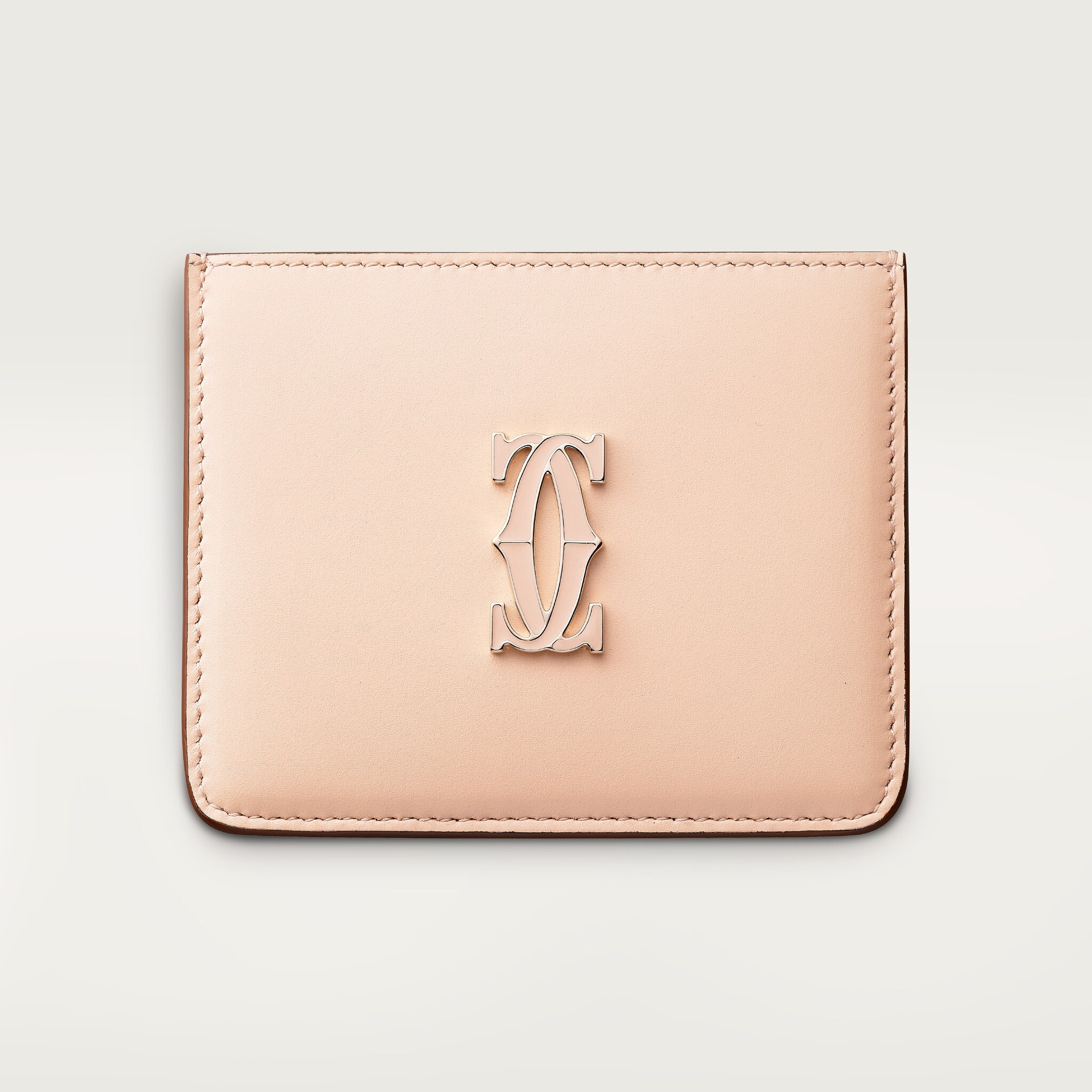 シンプルカードホルダー、C ドゥ カルティエパウダーピンク カーフスキン、ゴールド＆パウダーピンクのエナメルフィニッシュ