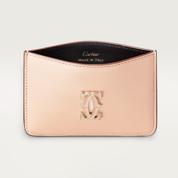 シンプルカードホルダー、C ドゥ カルティエ パウダーピンク カーフスキン、ゴールド＆パウダーピンクのエナメルフィニッシュ