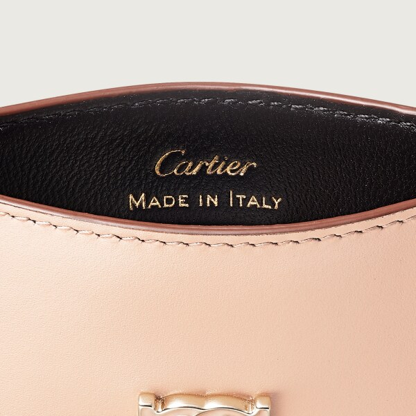 シンプルカードホルダー、C ドゥ カルティエ パウダーピンク カーフスキン、ゴールド＆パウダーピンクのエナメルフィニッシュ