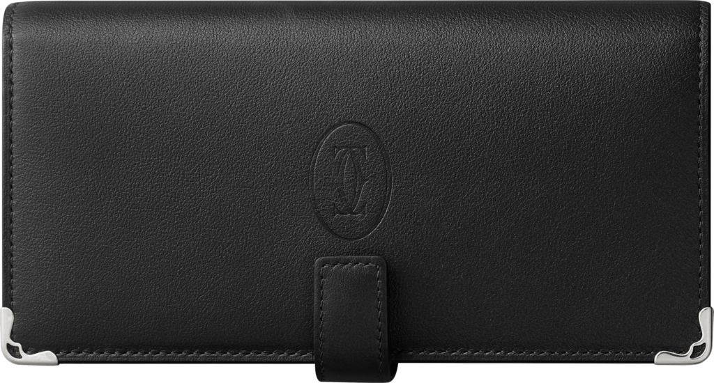 インターナショナル ウォレット、取り外し可能なジップ付5カードホルダーブラック カーフスキン、パラジウムフィニッシュ