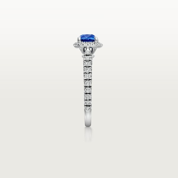 カルティエ デスティネ ソリテールリング、クッションカット サファイア、パヴェセッティング プラチナ、サファイア、ダイヤモンド