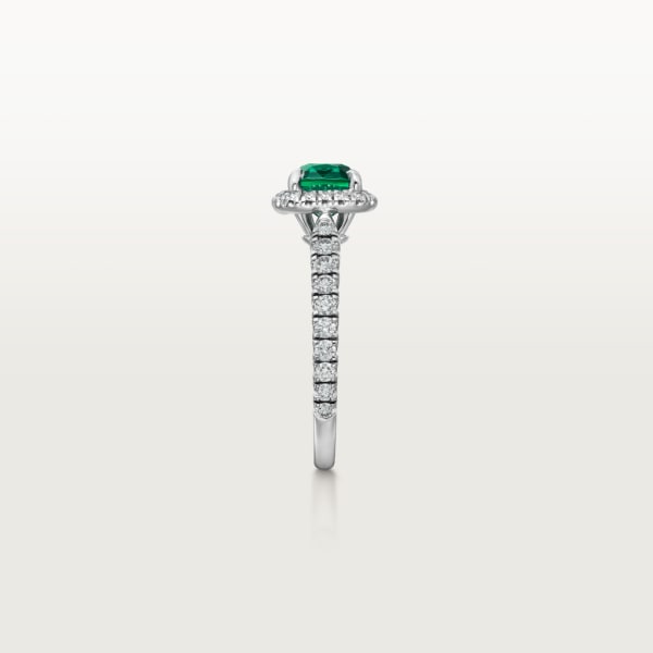 カルティエ デスティネ ソリテールリング、クッションカット エメラルド、パヴェセッティング プラチナ、エメラルド、ダイヤモンド