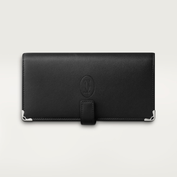 インターナショナル ウォレット、取り外し可能なジップ付5カードホルダー ブラック カーフスキン、パラジウムフィニッシュ