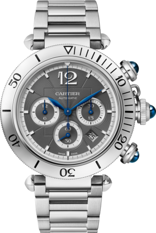 パシャ ドゥ カルティエ ウォッチ 41mm、クロノグラフ、自動巻きムーブメント、スティール、ダークグレー ダイアル、インターチェンジャブル メタルブレスレット＆レザーストラップ
