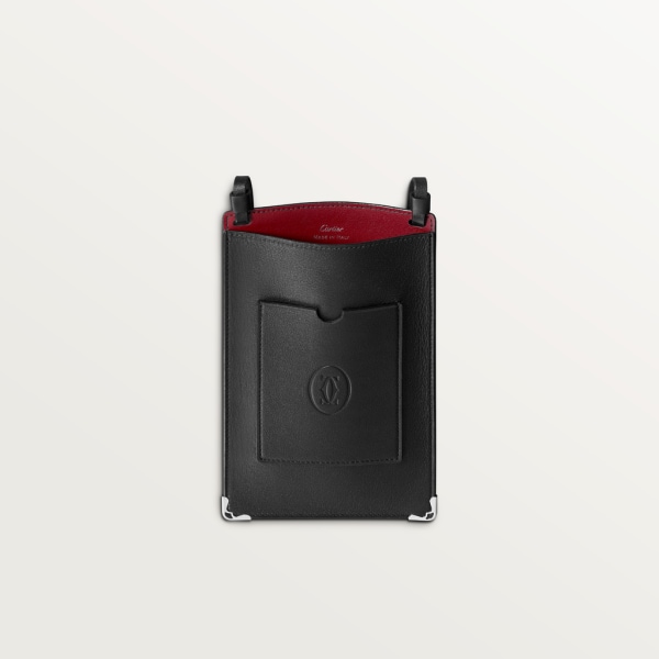 マスト ドゥ カルティエ スマートフォンポーチ、カードホルダー ブラック カーフスキン、パラジウム フィニッシュ