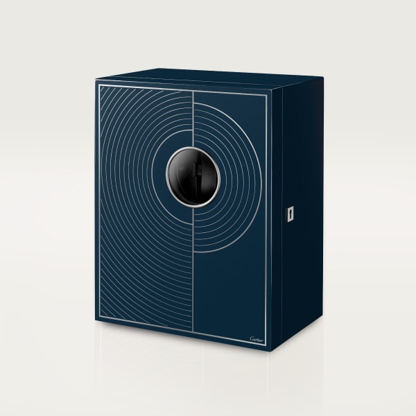 マス ミステリユーズ モチーフ ボックス、ブラックラッカー ウッドにシルバーカラーのモチーフ ボックス、ブルーラッカー ウッド