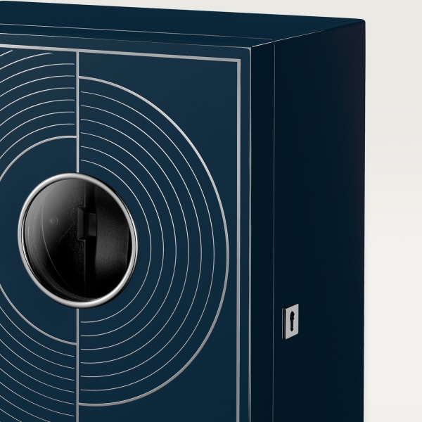 マス ミステリユーズ モチーフ ボックス、ブラックラッカー ウッドにシルバーカラーのモチーフ ボックス、ブルーラッカー ウッド