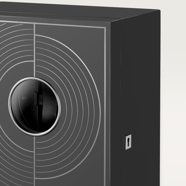 マス ミステリユーズ モチーフ ボックス、ブラックラッカー ウッドにシルバーカラーのモチーフ ボックス、グレーラッカー ウッド