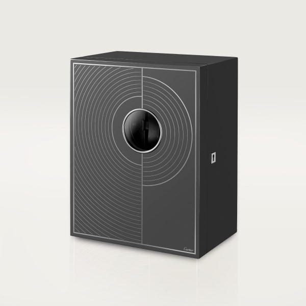 マス ミステリユーズ モチーフ ボックス、ブラックラッカー ウッドにシルバーカラーのモチーフ ボックス、グレーラッカー ウッド