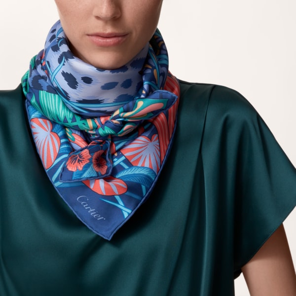 パンテール ジャングルモチーフ スクエア 90 スカーフ ブルー シルクツイル