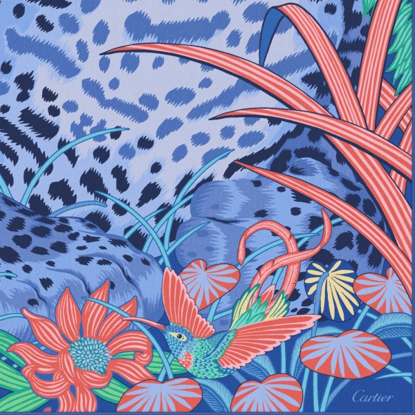 パンテール ジャングルモチーフ スクエア 90 スカーフ ブルー シルクツイル