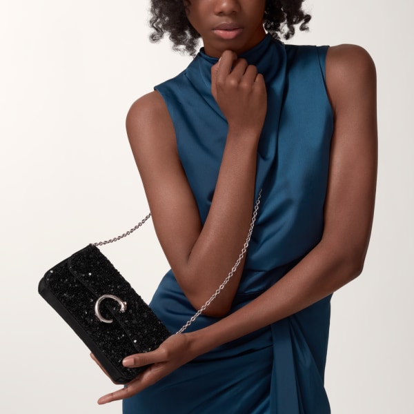 パンテール ドゥ カルティエ ミニ チェーンバッグ ブラック スパンコール、リサイクル ECONYL®(エコニール) ベース、パラジウム＆ブラック エナメル フィニッシュ