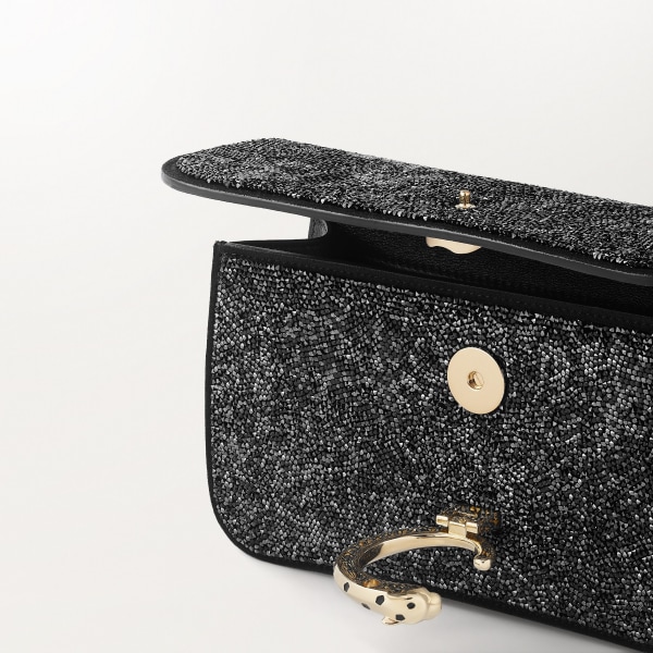 ミニ バッグ パンテール C  ブラック ガラスビーズ、ファブリック、ゴールドフィニッシュ、ブラック エナメル