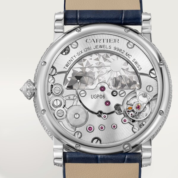 アニマルモチーフ ウォッチ 40mm、手巻きメカニカルムーブメント、ロジウム加工ホワイトゴールド、ブルー アベンチュリンガラス、ダイヤモンド、エメラルド、ブルー＆ブラック アリゲーターストラップ