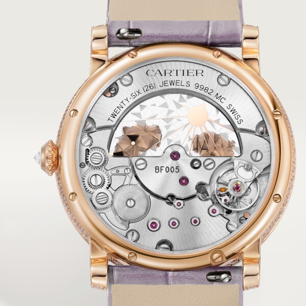 アニマルモチーフ ウォッチ 40mm、手巻きメカニカルムーブメント、ピンクゴールド、マザーオブパール、ダイヤモンド、エメラルド、バイオレットグレー＆ホワイト アリゲーターストラップ