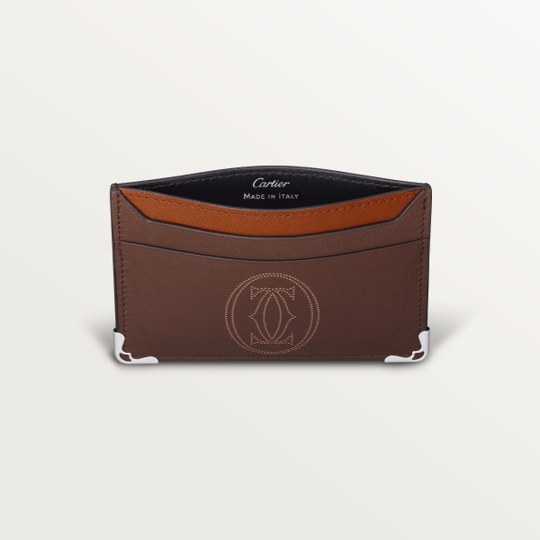 ダブル カードホルダー、マスト ドゥ カルティエ チョコレート ドット カーフスキン、パラジウムフィニッシュ