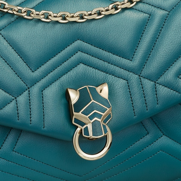 パンテール ドゥ カルティエ チェーンバッグ スモール ペトロールブルー キルティング カーフスキン、ゴールドフィニッシュ