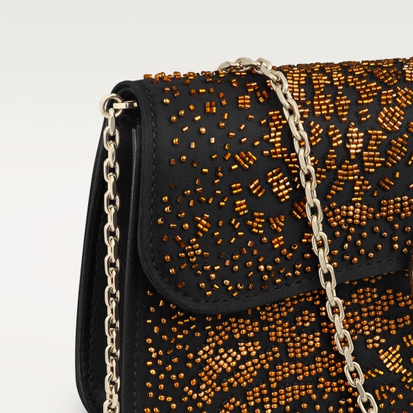 ミニ バッグ パンテール C  ブラック サテン、マルチカラーブロンズビーズ エンブロイダリー