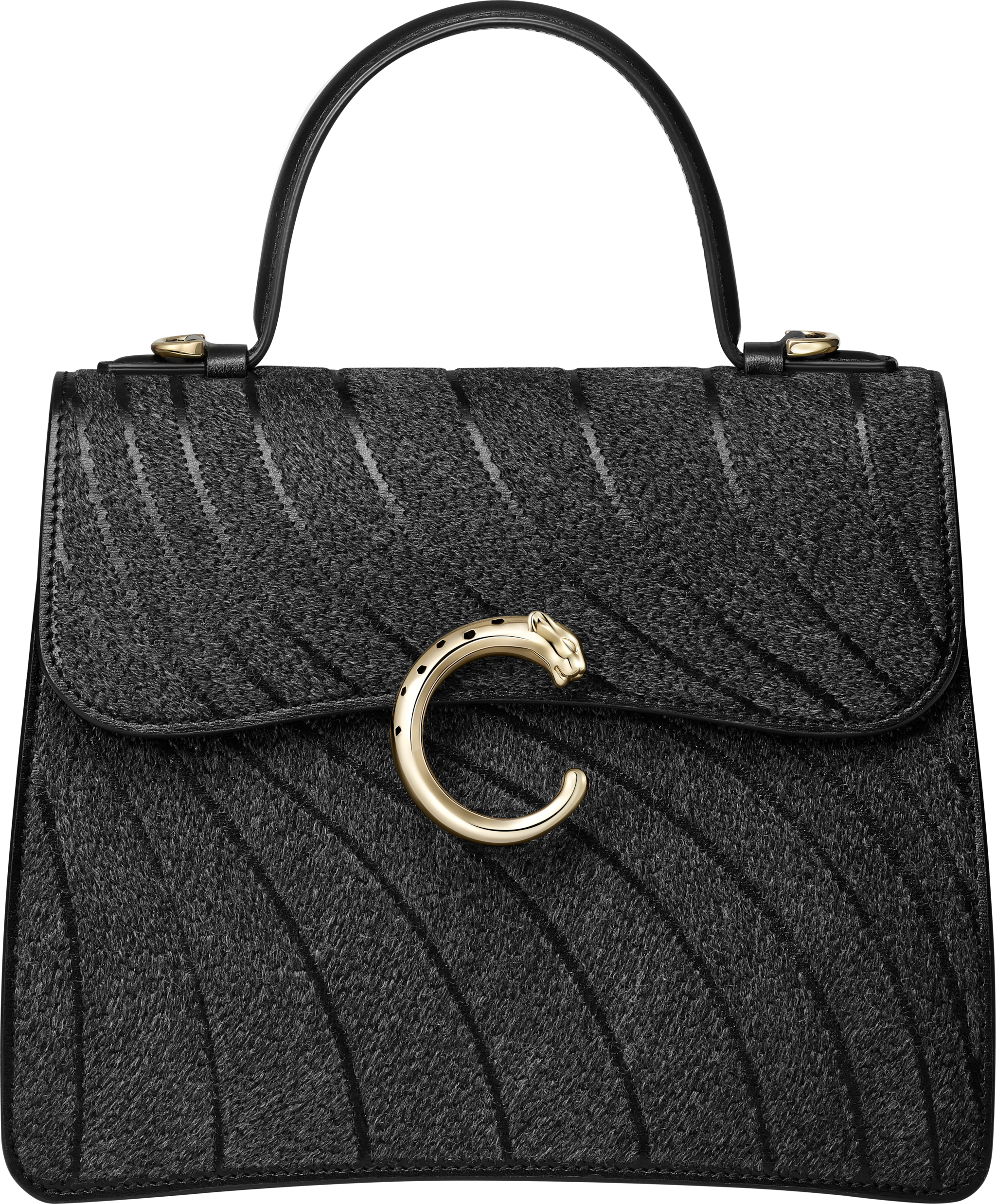 パンテール C スモール バッグ ウール クロウ エンブロイダリー、ブラック グレインド カーフレザー、ゴールドフィニッシュ