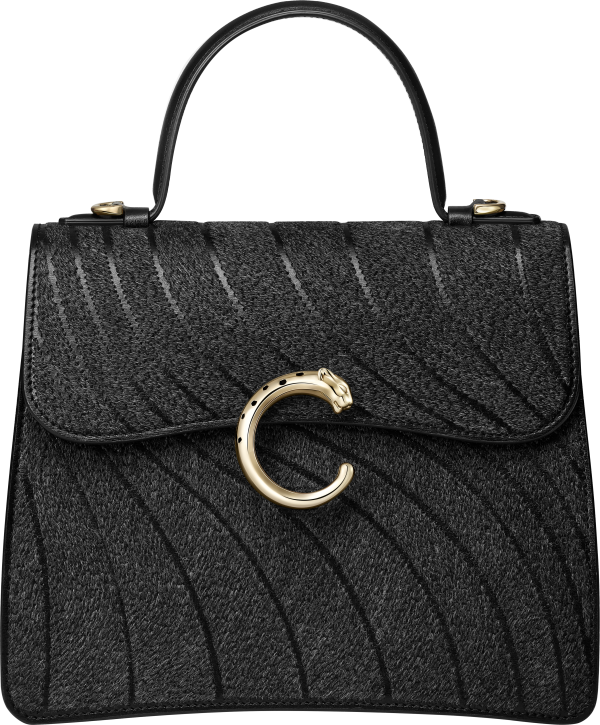 パンテール C スモール バッグ  ウール クロウ エンブロイダリー、ブラック グレインド カーフレザー、ゴールドフィニッシュ