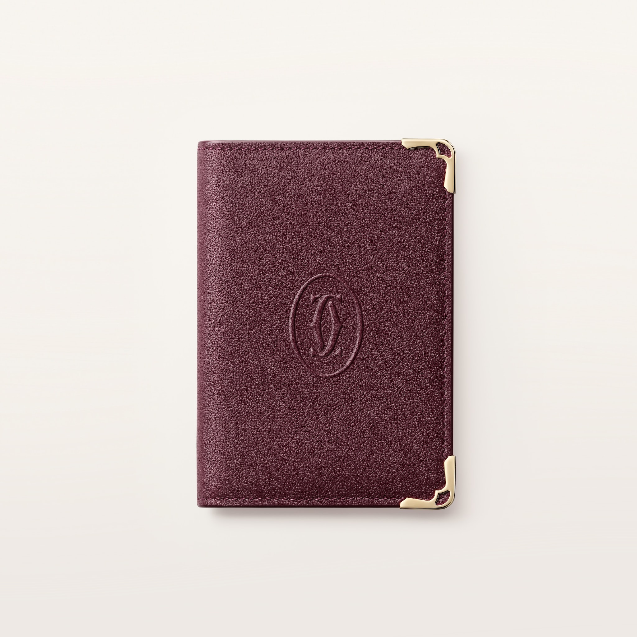 マスト ビジネスカードホルダーバーガンディ カーフスキン、ゴールドフィニッシュ