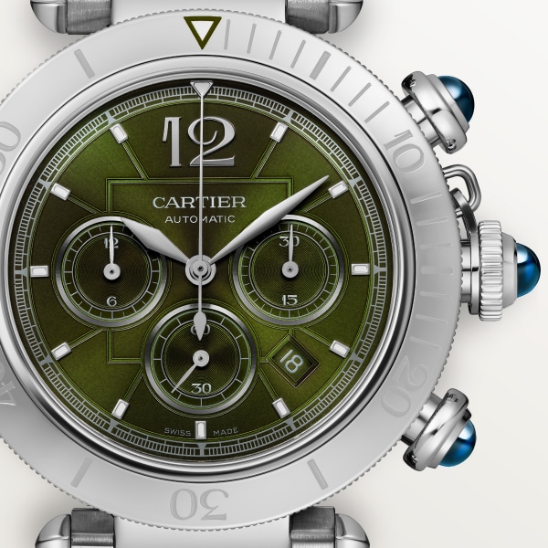 パシャ ドゥ カルティエ ウォッチ 41mm、クロノグラフ、自動巻き、スティール、（交換可能）メタルとレザーのストラップ
