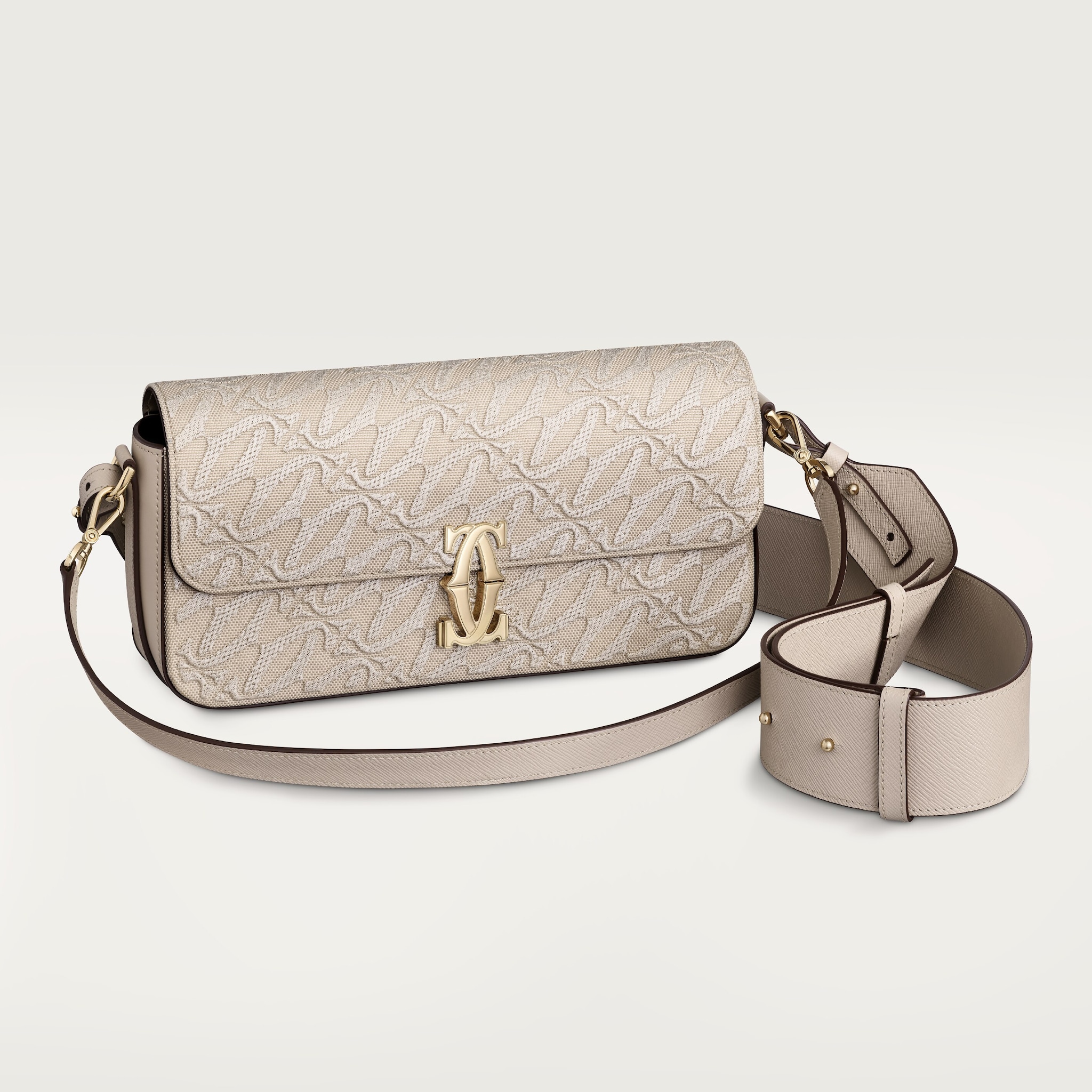 C ドゥ カルティエ イーストウエストバッグ刺繍入り、ベージュ カーフスキン、ゴールドフィニッシュ