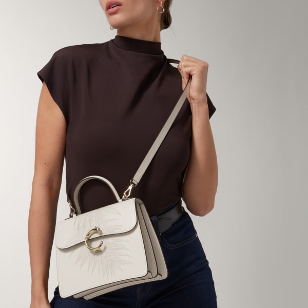 スモール バッグ パンテール C  ソルトホワイト グレインド カーフスキン、ジャングル エンブロイダリー、ゴールドフィニッシュ