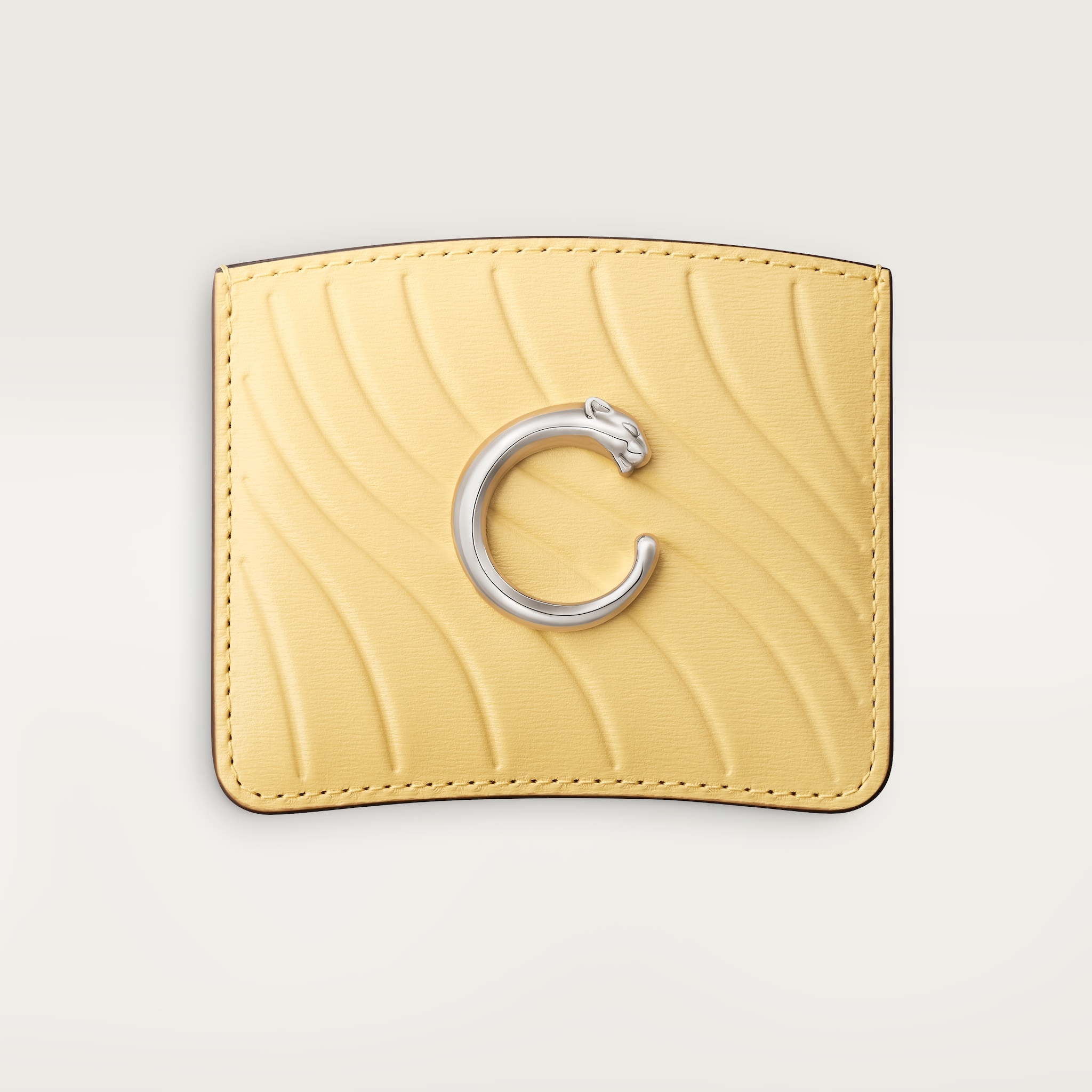 パンテール ドゥ カルティエ シンプル カードホルダーミモザイエロー カーフスキン、「Cartier」ロゴの箔押し、パラジウムフィニッシュ