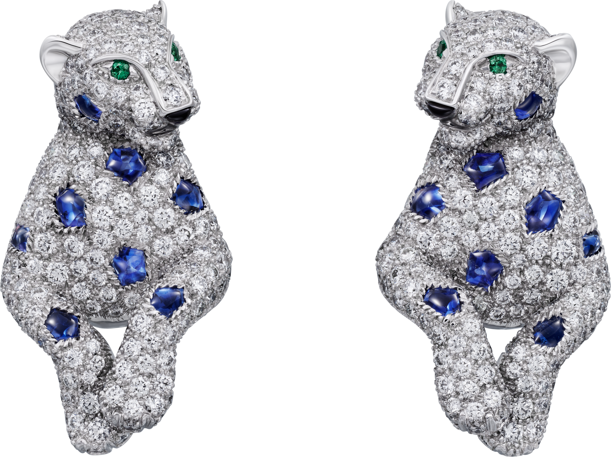 パンテール ドゥ カルティエ イヤリング、サファイア、パヴェセッティングホワイトゴールド、オニキス、サファイア、エメラルド、ダイヤモンド