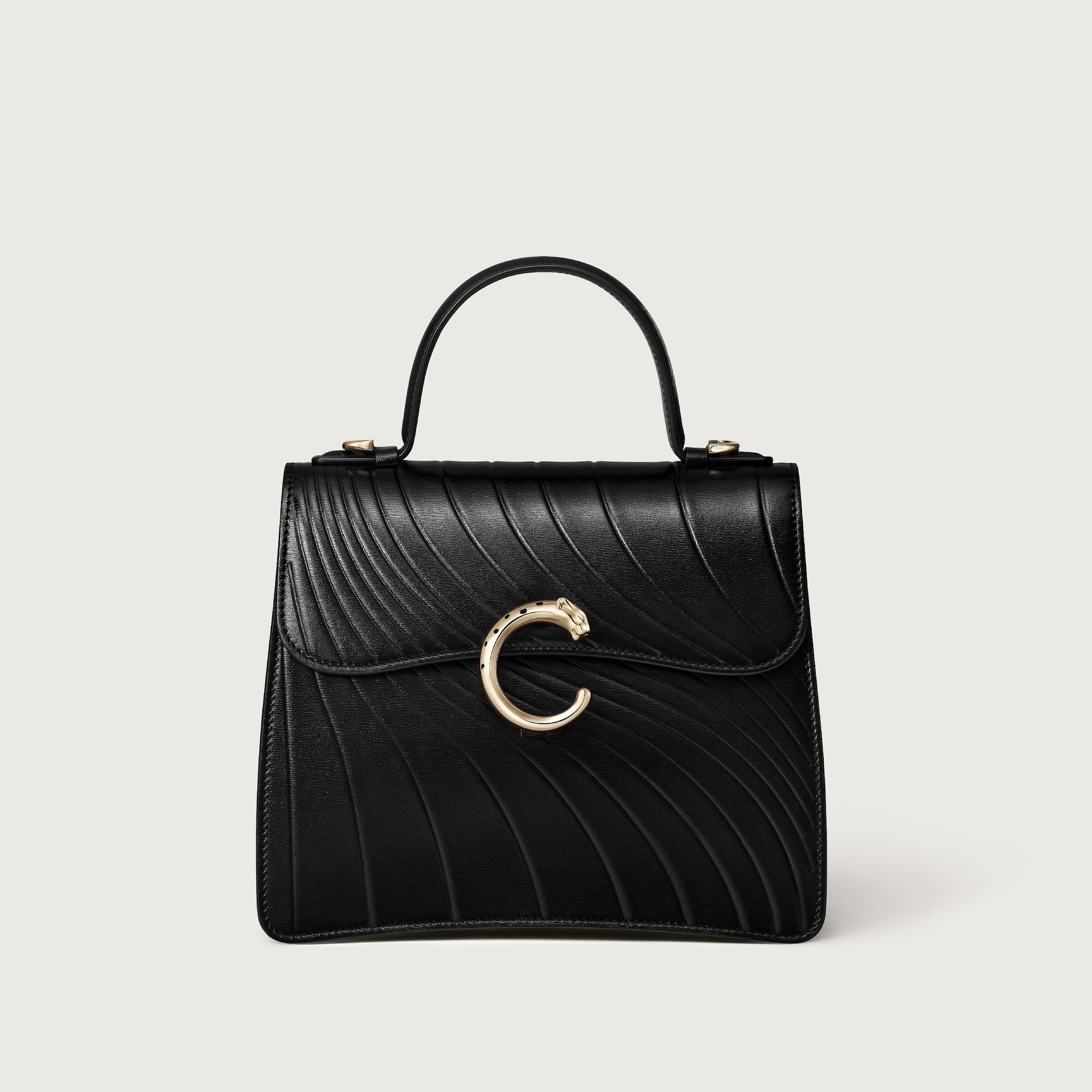 スモール バッグ パンテール C ブラック カーフスキン、カルティエ シグネチャーモチーフのエンボス加工、ゴールドフィニッシュ