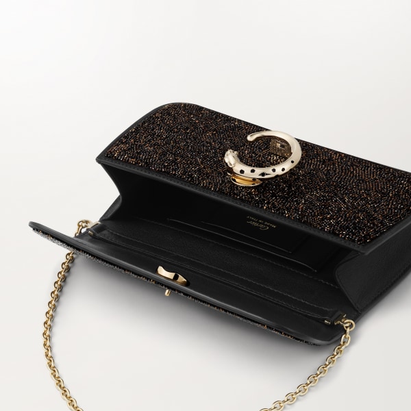 ミニ バッグ パンテール C  ブラック ガラスビーズ、ファブリック、ゴールドフィニッシュ、ブラック エナメル