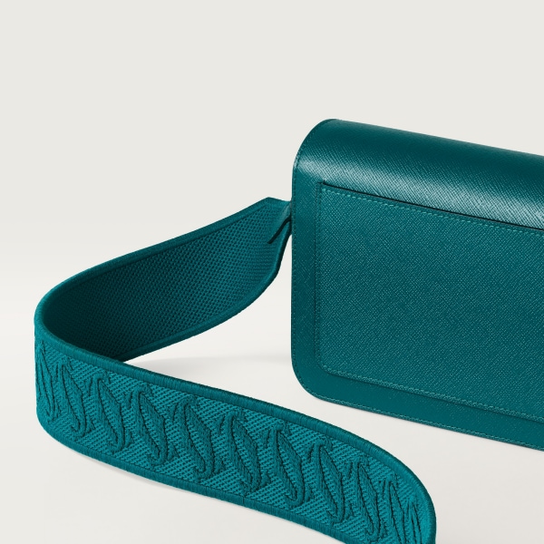 C ドゥ カルティエ イーストウエストバッグ ペトロールブルー テクスチャー カーフスキン、刺繍入り、ゴールドフィニッシュ