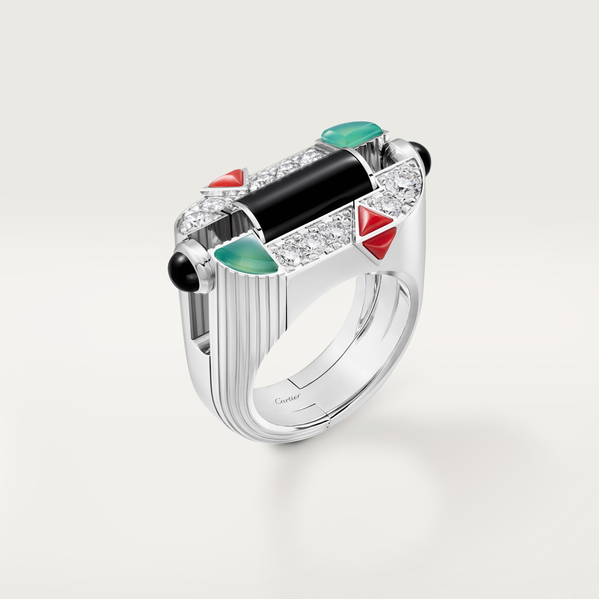 ジオメトリー＆コントラスト リング、クリソプレーズ、パヴェホワイトゴールド、クリソプレーズ、オニキス、コーラル、ダイヤモンド