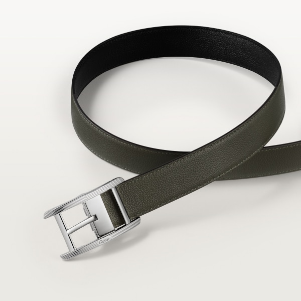 タンク ベルト ブラック＆グリーンティー グレインド カウハイド、パラジウムフィニッシュ バックル、ゴドロンモチーフ