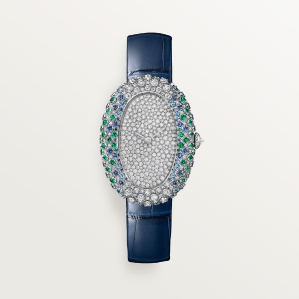 ベニュワール ウォッチ ミディアムモデル、クォーツムーブメント、ホワイトゴールド、サファイア、エメラルド、ダイヤモンド、レザー