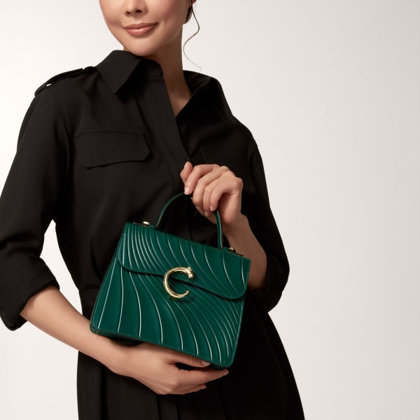 パンテール ドゥ カルティエ ハンドルバッグ ミニ エメラルドグリーン カーフスキン、カルティエ シグネチャーモチーフのエンボス加工、ゴールドフィニッシュ
