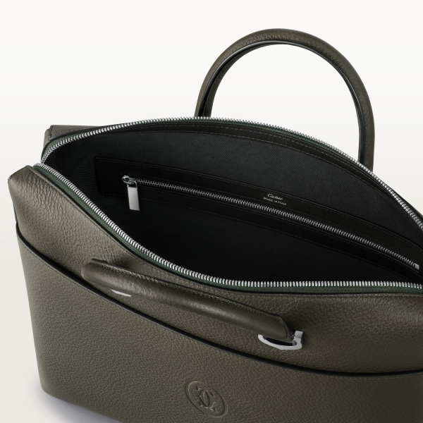 スモール ブリーフケース マスト  カーキ カーフスキン、パラジウムフィニッシュ