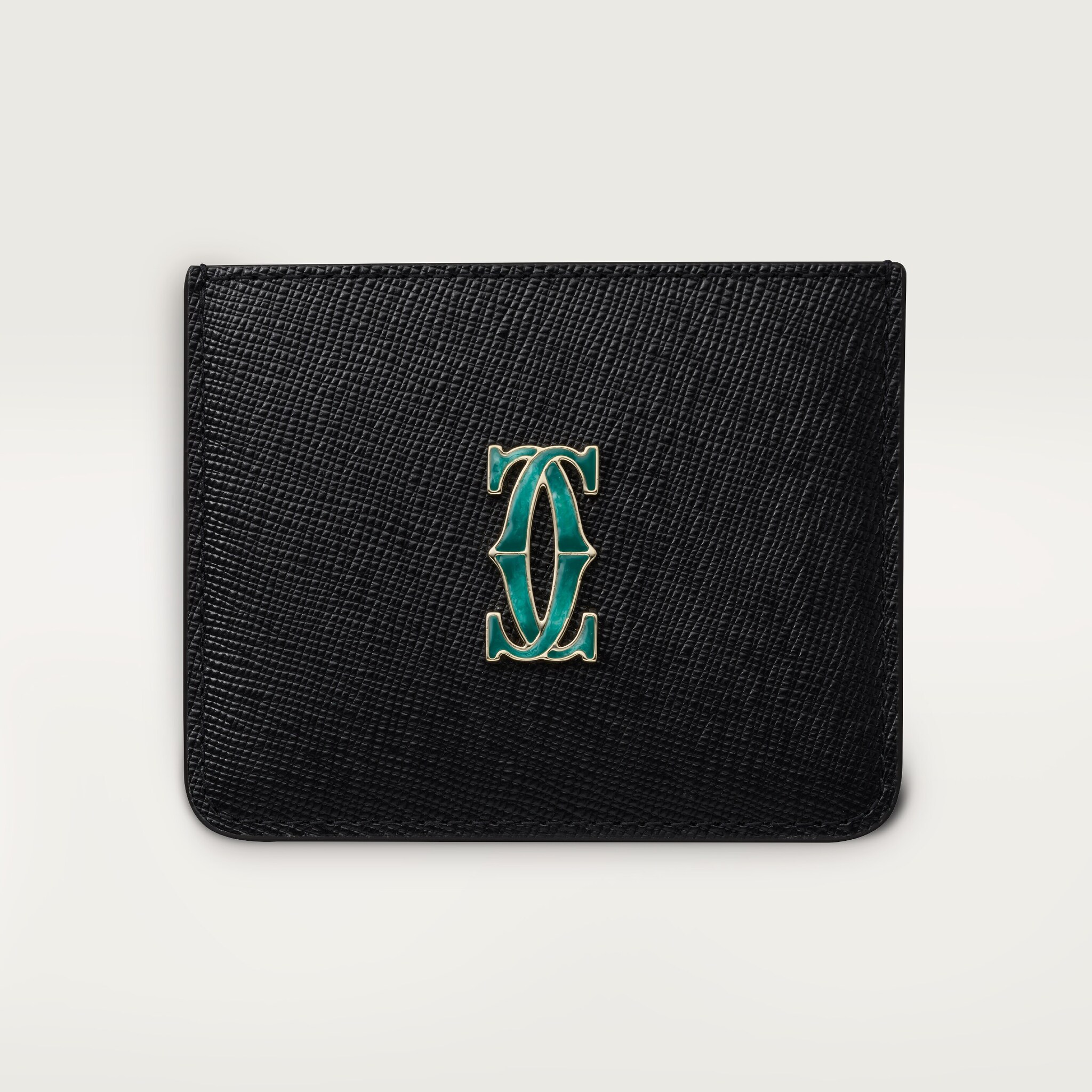 C ドゥ カルティエ シンプル カードホルダーブラック テクスチャー カーフスキン、ゴールド フィニッシュ、グラデーション グリーンエナメル