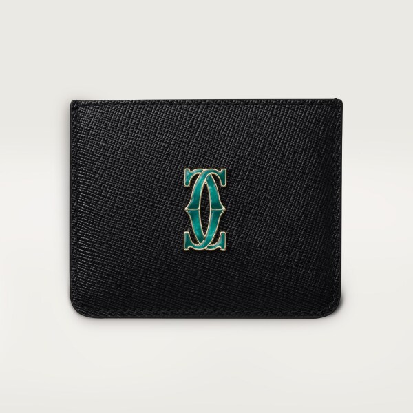 C ドゥ カルティエ シンプル カードホルダー ブラック テクスチャー カーフスキン、ゴールド フィニッシュ、グラデーション グリーンエナメル